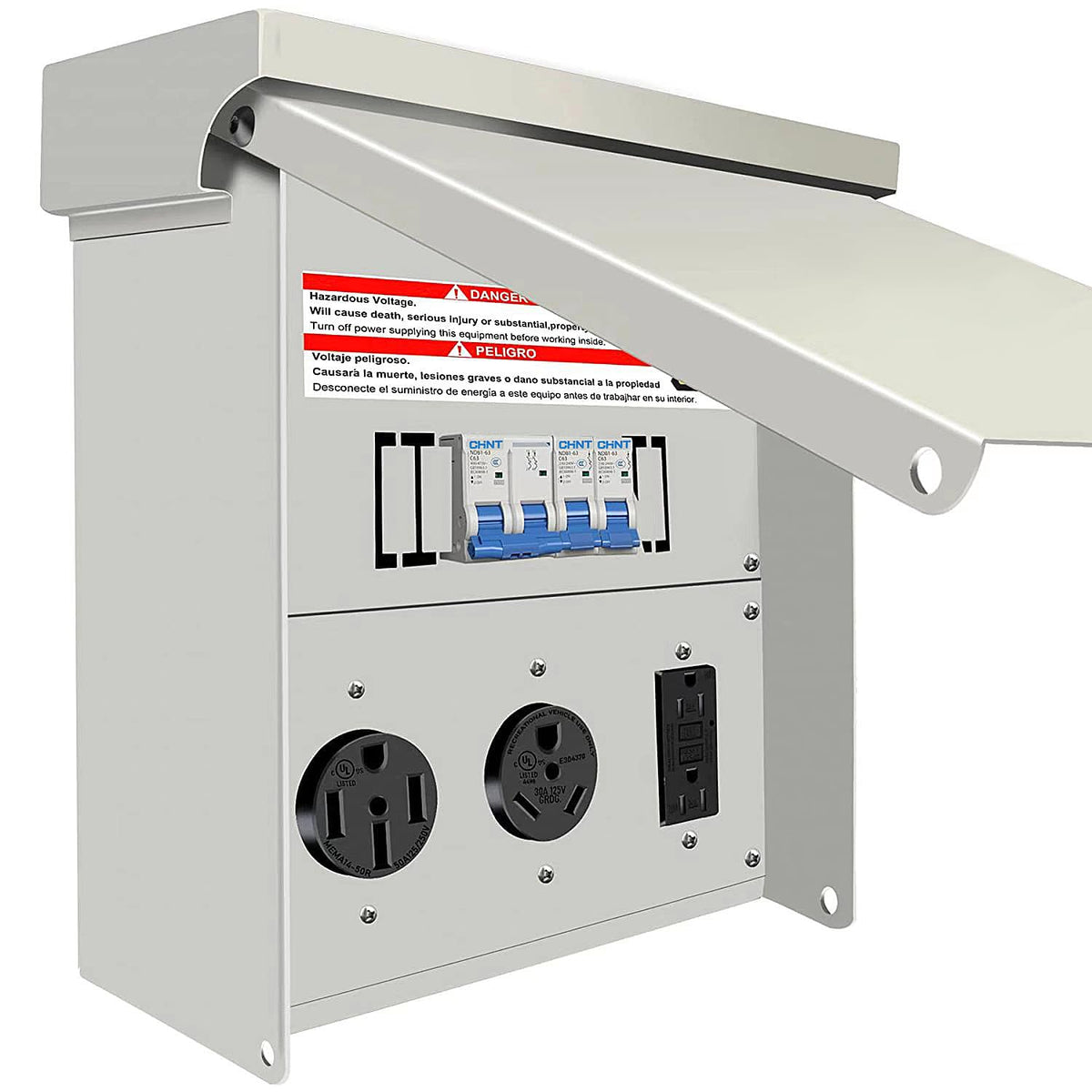 Temporary Power Outlet Panel, RV Electrical Outlet Panel with 20, 30, 50 Amp Receptacle Installed, with Breaker, Prewired and Unmetered, Weatherproof, Fit for motorhomes and Construction Sites